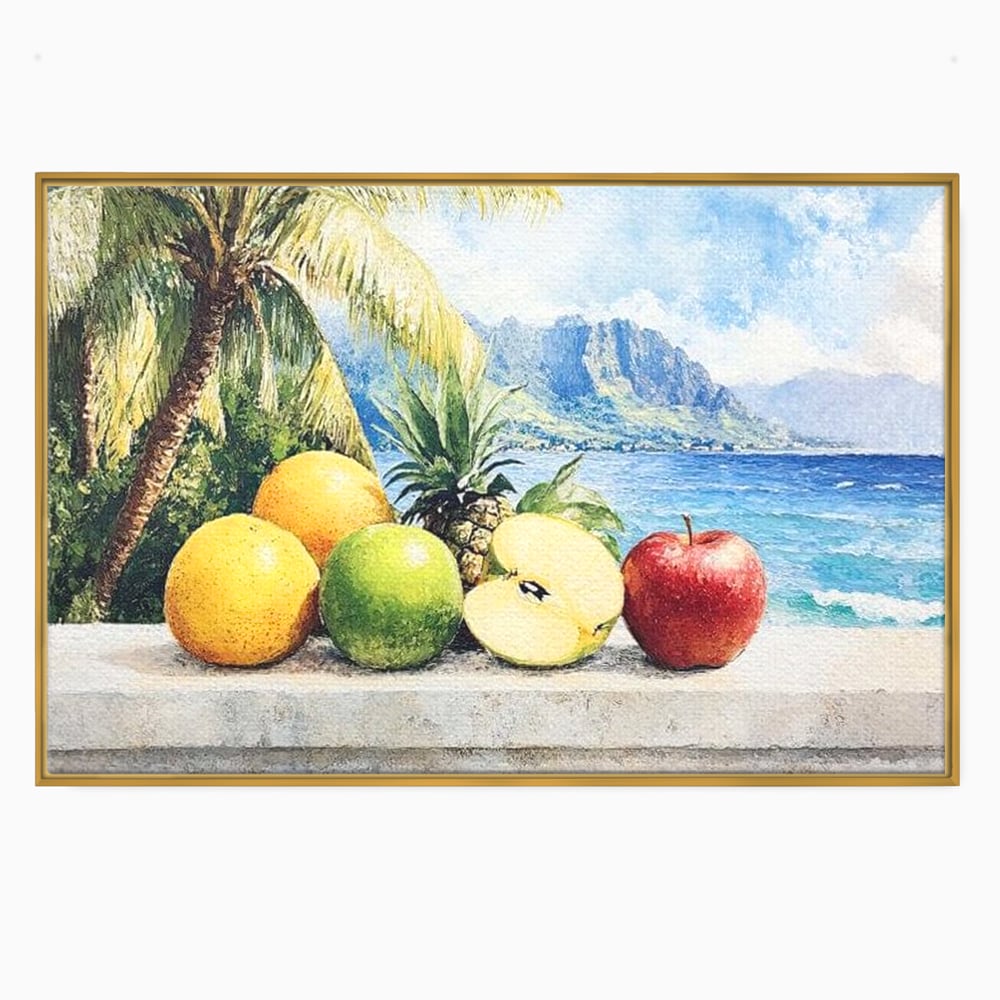 Tablou canvas cu natura moarta cu fructe tropicale si ocean, in rama de aluminiu auriu